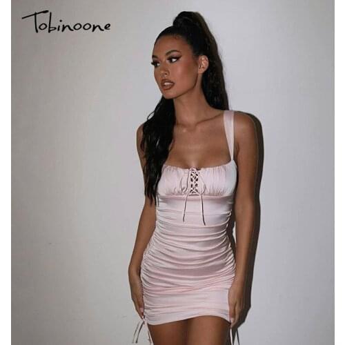 Tobinoone Satin Hollow Out Ruched Dresses Women Spaghetti Strap Drawstring Backless Bodycon Mini Dress Nightclub Sexy Vestidos