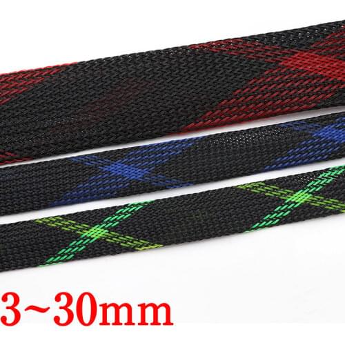 Black + Red PET Braided Wire Sleeve 3 - 30mm Tight High Density Insulated Cable Protection Expandable Line Sheath