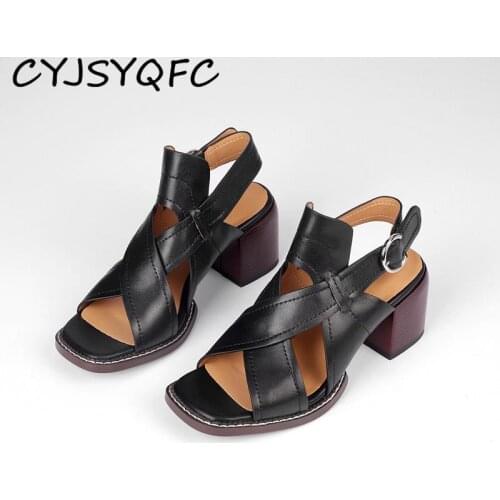 CYJSYQFC Genuine Leather Gladiator Sandals For Women Peep Toe Belt Buckle Square High Heels Ladies Shoes Summer Retro Footwear