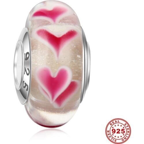5pcs/lot 925 Sterling Silver Core Pink Heart Pattern Murano Glass Beads Big Hole European Bracelet Charm Beads DSG09