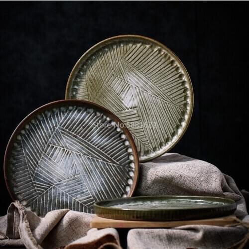 1 PCS Jingdezhen Pure Handmade Coarse Pottery Plate Retro Ceramic Home Plate Large Creative Western Fruit Steak Plate