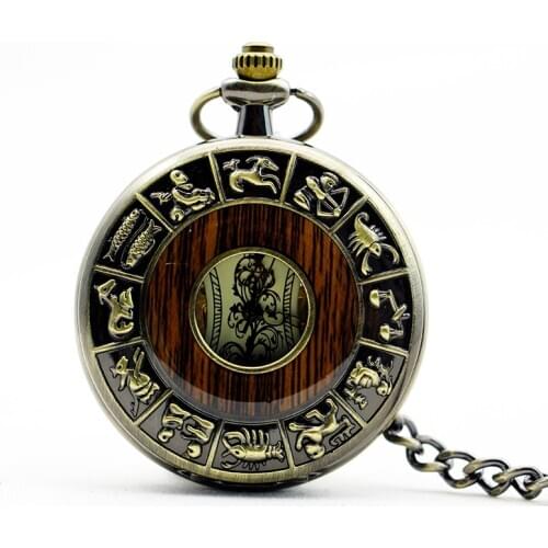 Pocket Watch Vintage Clamshell Mechaincal Watches Personality Accessories Wood Grain Bronze Man Women Hollow Buckle Chain Watch