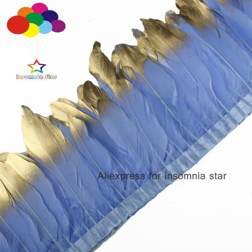 Dyed Sky blue 2 Meter Goose fringe paint gold tips Feathers Trims with Satin Ribbon Tape center pieces for wedding