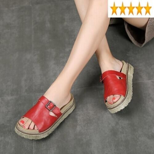 Summer Women Cowhide Wedge Sandal Open Toe Genuine Leather Slides Slip On Thick Bottom Outside Roman Sandals Female Casual Shoes