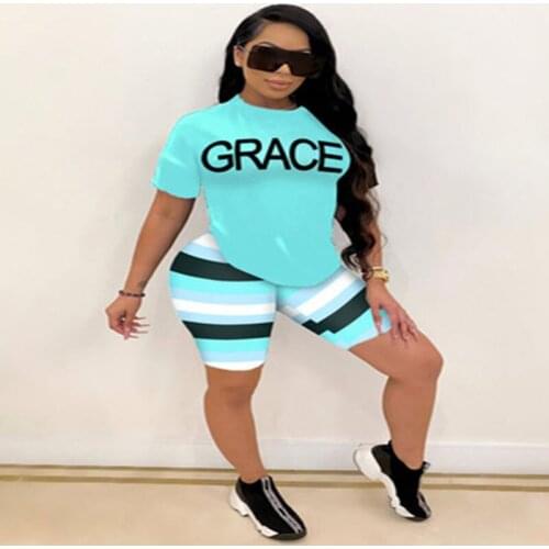 T-Shirt Suit Summer Letter Printing Stitching Two-Piece Fashion Short-Sleeved Striped Leggings Casual Sports Suit Home Service