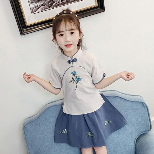 Baby Girls Summer Clothes Fashion Cotton Set 2Pcs Chinese Vintage Style Girl Suit For Age 3-12Yrs Girl T-Shirt + Short Dress