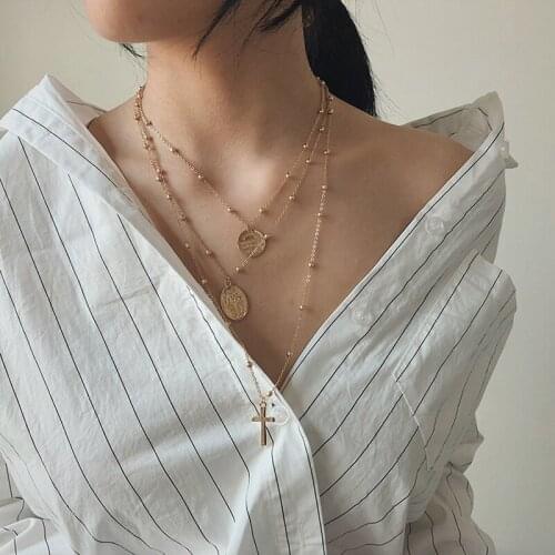 Fashion Multilayer Pendant Necklace for Women Geometric Metal Alphabet Sequins Virgin Mary Cross Gold Beaded Chain Necklace New
