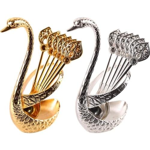 Coffee Spoon Kit with Zinc Alloy Swan Shape Holder and 6 Piece Stainless Steel Coffee Spoon Food Spoon Set for Cake Salad