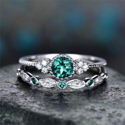White Gold Couple Zircon Ladies Set Rings Round Emeraldgreen Crystal Double Layerd Wedding Ring Set New Designer Luxury Jewelry