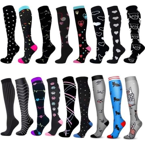 New Compression Socks Men Women Black Star Heart Shape Cat Owl Cartoon Socks Outdoor Running Long Tube Socks For Male Travel