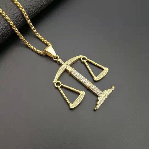 Balance Scales Pendant Necklace Fashion Gold Color 316L Stainless steel Charm Men Women Rhinestone Hiphop Jewelry
