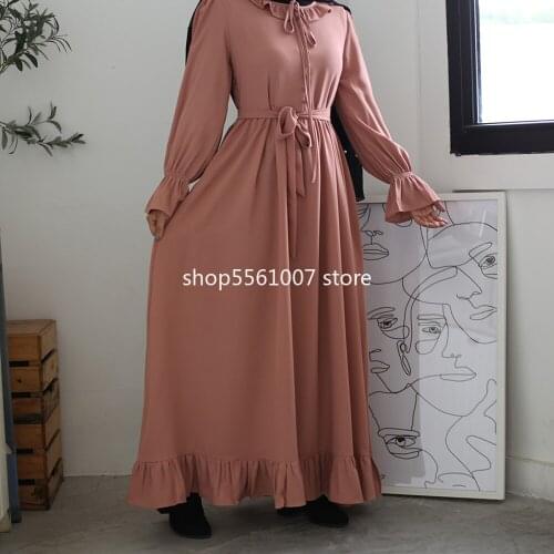Muslim Maxi Dress Abaya for Women Fashion A-Line Sashes Button Ruffle Hem Hijab Dress Robe Islamic Dubai Turkey Clothing Spring