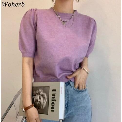 Woherb Solid Slim Short Puff Sleeve Pullover Basic Elastic Tops Women Clothe Summer Thin Elegant Knitted Femme New Sweaters