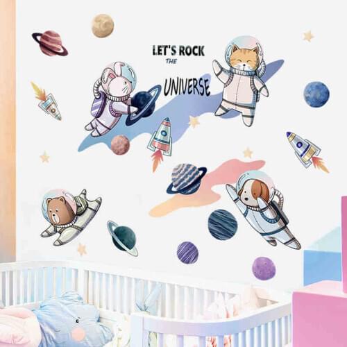Rocket Ship Astronaut Cartoon Creative Vinyl Wall Sticker For Boy Room Decoration Outer Space Wall Decal Nursery Kids Bedroom