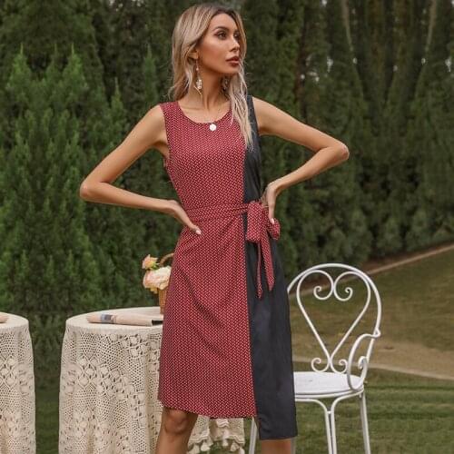 Summer New Patchwork Sleeveless O-neck Tie Mid Dress Women Clothes Casual Loose Elegant Ladies Streetwear Holiday Party Dresses