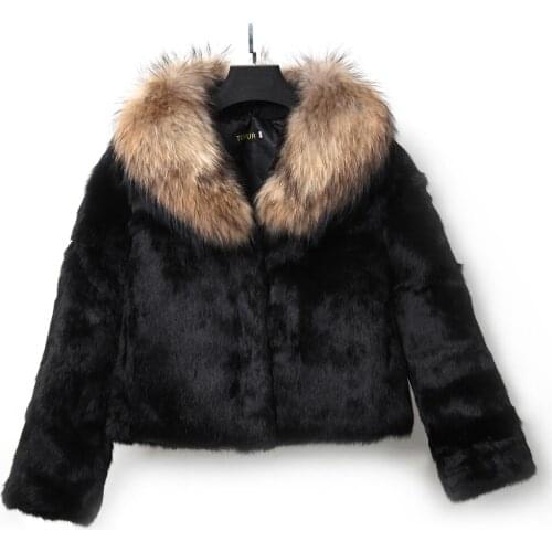 2021 New Natural Soft Rabbit Fur Coat With Luxury Big Fluffy Fur Collar For Women Winter Fur Coat Wholesale Drop Jacket ksr661