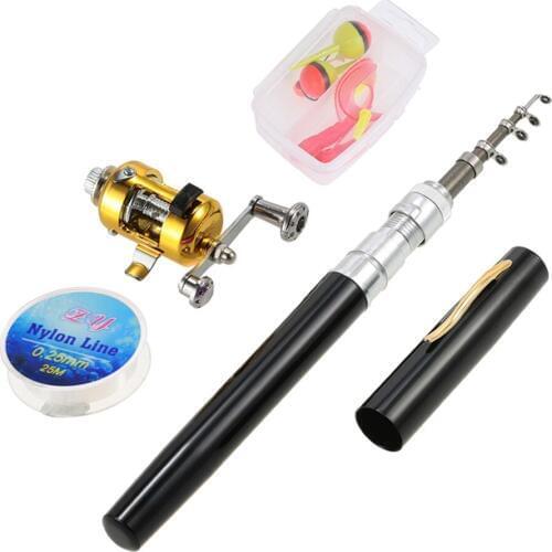 Telescopic Pocket Pen Fishing Rod with Mini Trolling Reel Fishing Line Soft Lures Baits Jig Hooks Fishing Rod and Reel Combo Set