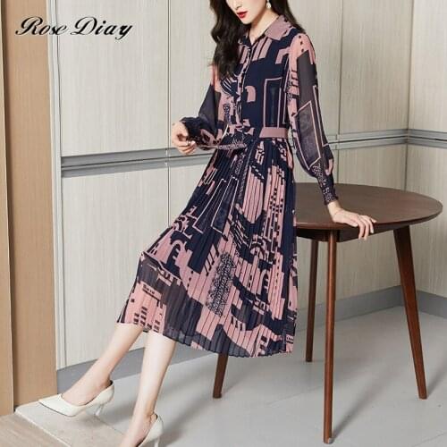 RoseDiary Vintage Elegant Printing Pleated Midi Long Casual Dress Turn Down Collar Chiffon Shirt Dress Vestidos Plus Size Zaful