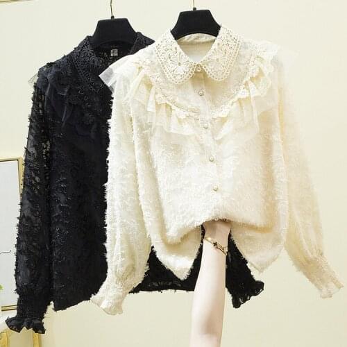 Black Lace Long Sleeved Plus Size Korean Autumn Elegant Fashion Blouses And Tops WomenS Oversize Shirt Clothing 2021 Female