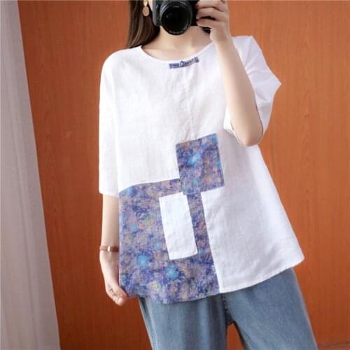 Women Cotton Linen Casual T-shirts New Arrival 2021 Summer Simple Style Vintage Floral Print Loose Female Tops Tees S4077