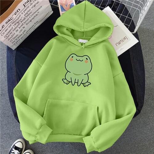 Green Frog Hoodie Womens Thick Autumn Winter Hoodies Long Sleeve Cute Animal Printed Japan Hooded Loosen Pocket Pullover Top #S