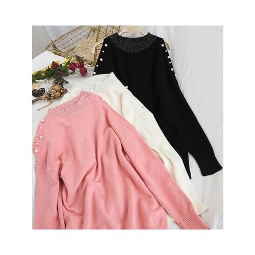 Sexy Off Shoulder Knitted Sweater Women Fashion Beaded Loose Sweater Jumper 2019 Autumn Winter O-Neck elegant Women Pullover Top