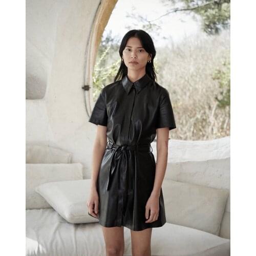 Women Dress New Soft Leatherette Belt Two-color Leather Series Short-sleeved 2 Color Dress