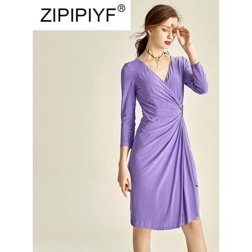2020 Spring Summer Women High Quality Solid Dress V-Neck Three Quarter Sleeve Pleated Slim Knee Length Vintage Dresses Y107