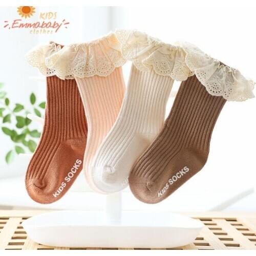 2020 Baby Girls Dressy Lace Socks Medium Tube Boneless Glue Non-slip Floor Hosiery Baby-Girls Eyelet Turn Cuff Ruffle Socks