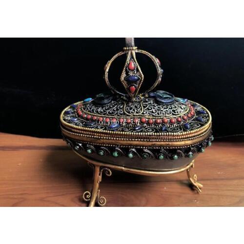 5.5'' Nepal tibet Rock Crystal Quartz inlay silver Turquoise coral gem bowl