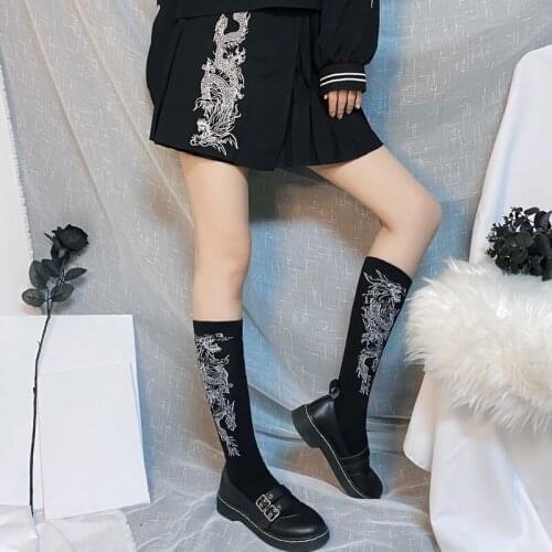 Harajuku Stockings Women Autumn 2020 Dragon Pattern Japanese Style Black Socks Punk Streetwear Grunge Cool Girl Stockings