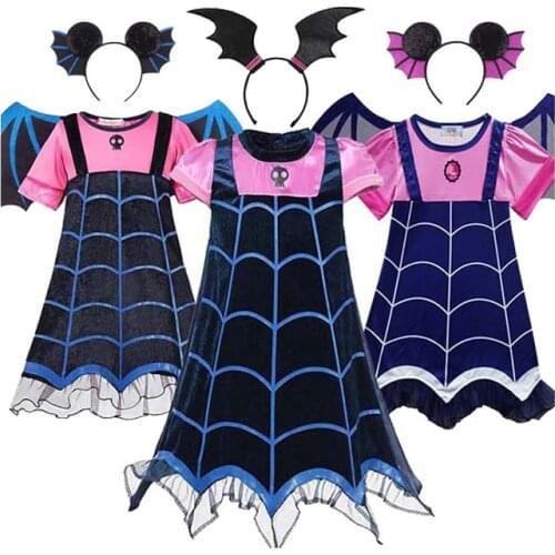 Kids Vampire Costume Girl Headband Girls Princess Dresses Vampirin Children Birthday Party Fancy Cosplay Clothing