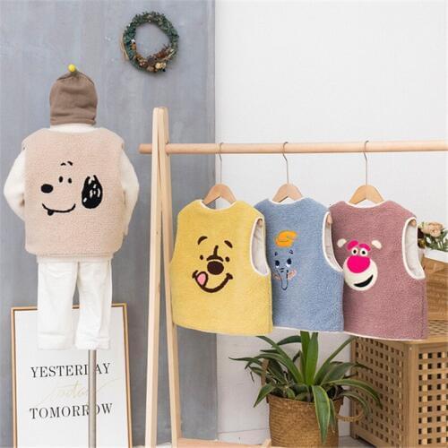 New Kids Vests Thicken Cartoon Lambswool Wear On Both Sides Waistcoat For Girls Toddler Boys Sleeveless Jackets 2 3 4 5 6 Years
