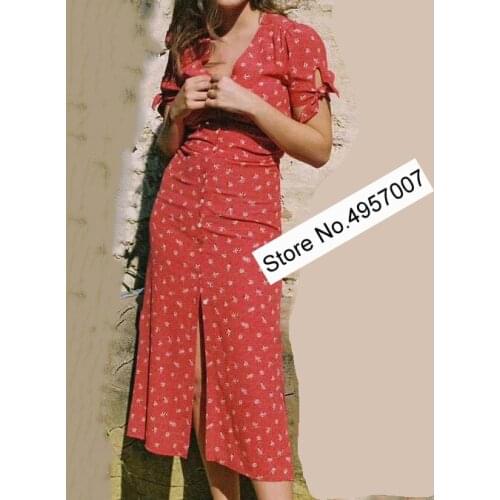 Elfbop Ladies V Neckline Fashion Floral Print Midi Dress Festures Short Sleeve With Ties