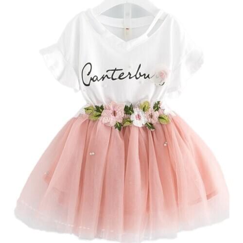 Hot 2019 V-Neck T-shirt + Flower Mesh tutu Skirt For Girls Childrens Party Princess Costume Sets Baby Kids Clothing Suits 2-7Y