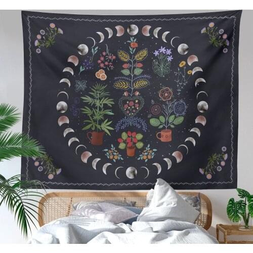 Moonlit Garden Tapestry Moon Phase Tapestry Floral Tapestries Black Background Flowers Tapestry Wall Hanging for Room Home Decor