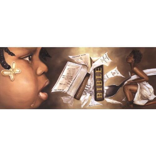 A mother feeding her child the words of God from the Bible modern art painting picture craft print on canvas wall art