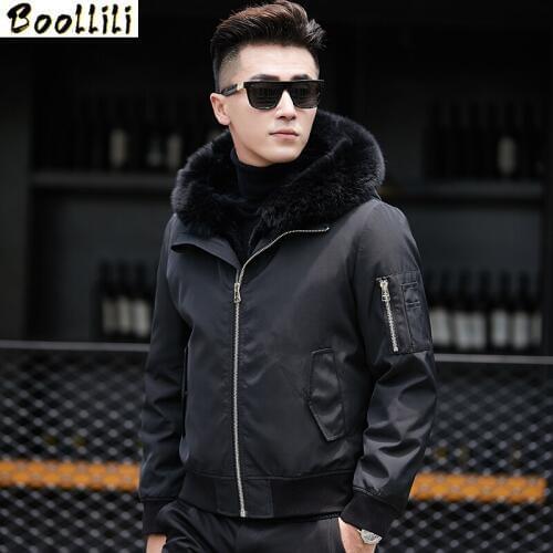 Boollili Winter Real Natural Rabbit Fur Coat Men Fox Fur Collar Hood Male Jacket Short Mens Fur Parka High Quality