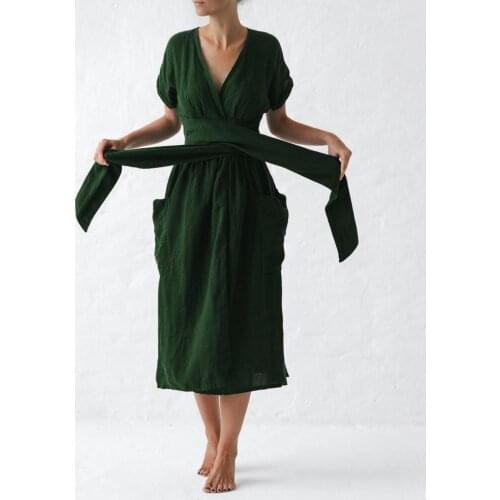 2021 new cotton and linen short-sleeved lace-up V-neck dress Ankle-Length Straight Sashes