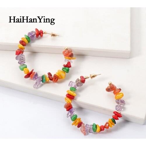 New Colorful Natural Stone Handmade C-shaped Geometric Hook Earrings Luxury Bohemian ZA Party Jewelry Korean Jewelry for Women
