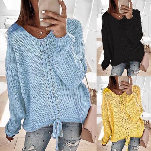 Autumn Winter Women Sweater Solid Color V Neck Bandage Long Sleeve Sweater Jumper Top Spandex Loose Womens Sweater Jersey Mujer
