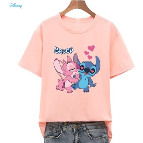 Disney Lilo Stitch Couples T-shirts Tops for Women Men Summer Tshirt Female White O-neck Cute Stitch Hot Tees Shirts Oversized