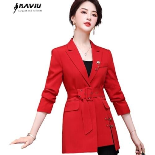 Red Jacket Women Mid Length New Fashion Temperament Casual Sashes Long Sleeve Blazer Office Ladies Foraml Slim Work Coat