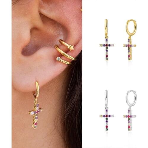 925 Silver Ear Buckle Inlaid Colorful Zircon Cross Hoops Earrings for Women High Quality Fashion Student Friendship Jewelry