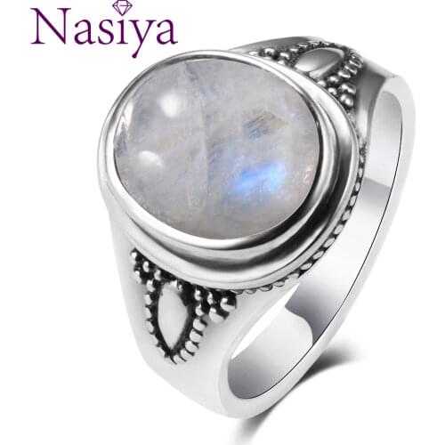 Top Quality Newest Solid 925 Sterling Silver Jewelry 8x10MM Natural Rainbow Moonstone Gemstone Rings Luxury Jewelry Size 6-10