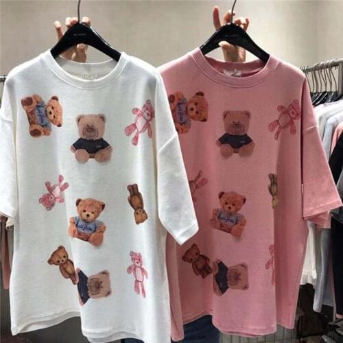 2021 New Summer Harajuku Women T-shirt Oversize Korean Style Cute Cartoon Bear Print Loose Tops Plus Size Tees Graphic T Shirts
