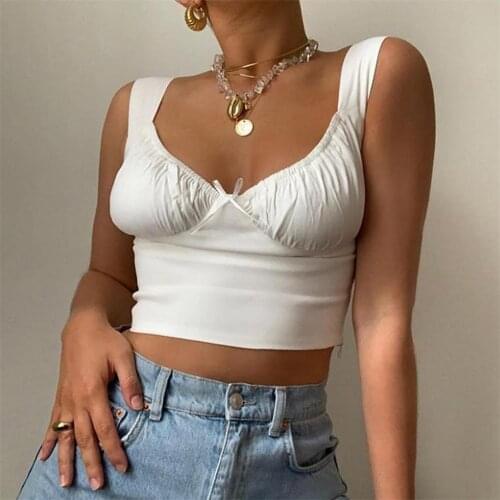 Women Summer Crop Tops Lady Girls Summer White Ruched Tanks Bow Slim Camis Ladies Wide Strap Tees Skinny Femme Camisole