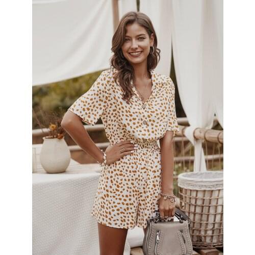 Womens Sexy Printed Long Sleeve Button-Up Collar Shirt Jumpsuit