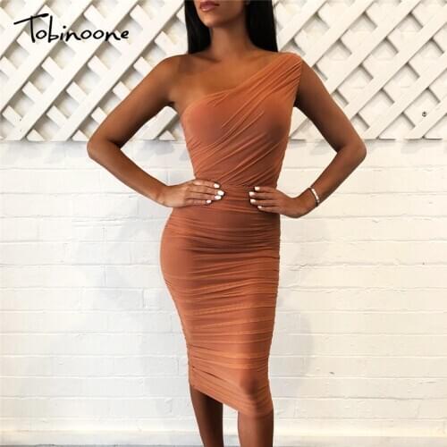 Tobinoone 2021 Autumn One Shoulder Double Layers Mesh Bodycon Dress Women Draped Sexy Party Midi Dresses Night Clubwear Vestidos
