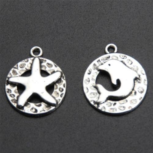 15pcs Silver Color Dolphin Starfish Charms Circle Shape Fitting Women Diy Ocean Key Chain Necklace Jewelry